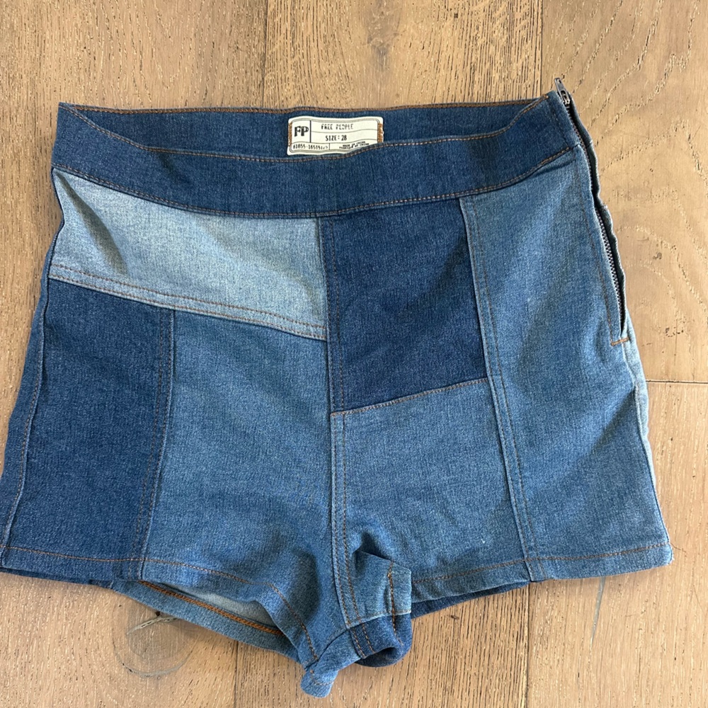 Free People Patchwork Two-Tone Denim Shorts - Blue